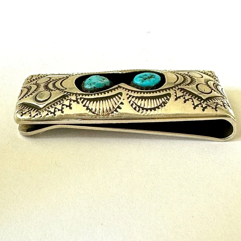 Navajo Turquoise Money Clip Sterling Mens Gift Handmade Skeets Shadowbox Stamped